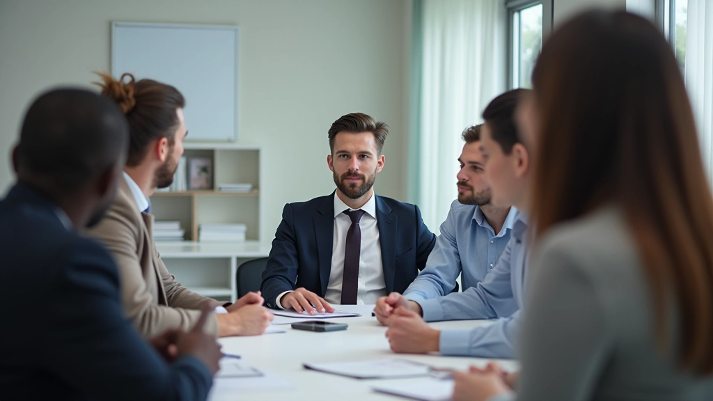 Group of professionals in discussion, diverse team, collaborative workspace