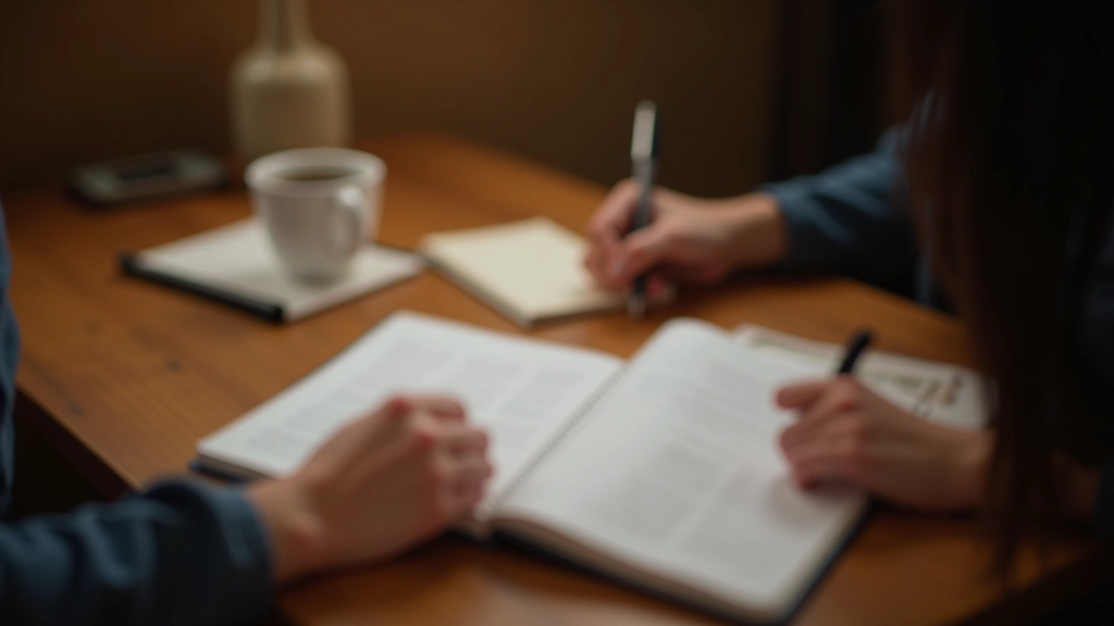 Close-up of hands writing positive affirmations in journal, warm desk lighting, minimalist workspace with coffee cup