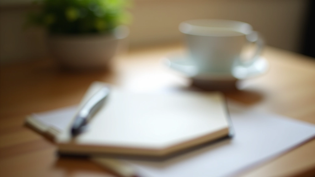 Morning notebook with pen and coffee cup on wooden desk, soft natural light from window