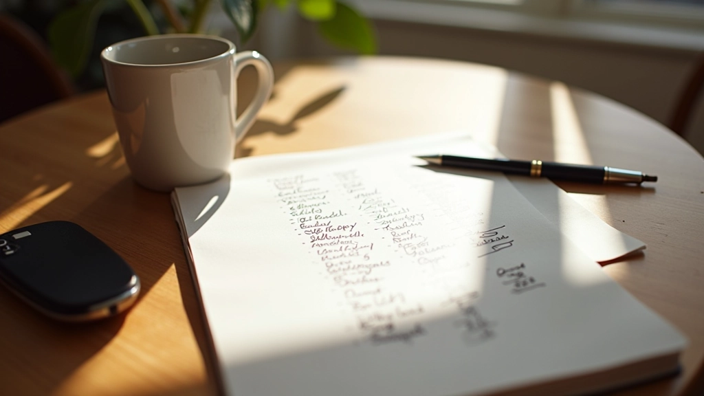Person journaling at wooden table with coffee and pen nearby, morning natural light
