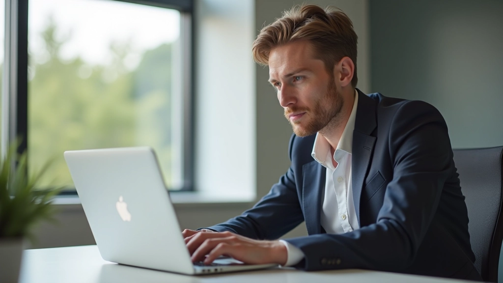 Person looking thoughtfully at laptop screen in modern office setting