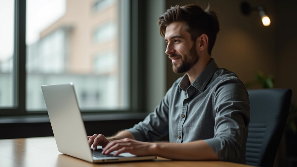 Person sitting at desk with laptop, hands on keyboard, focused expression, natural office lighting