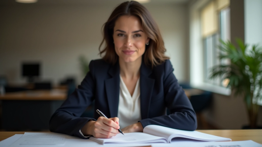 Person at desk reviewing notes and papers, coffee cup nearby, thoughtful expression, warm office lighting