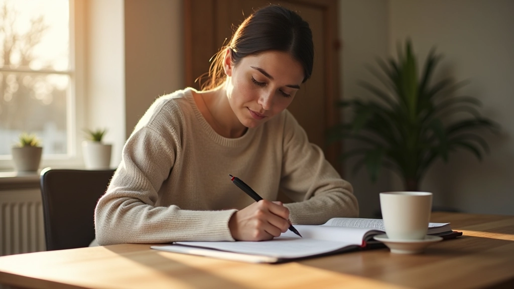 Person writing in journal at desk with coffee, morning light from window