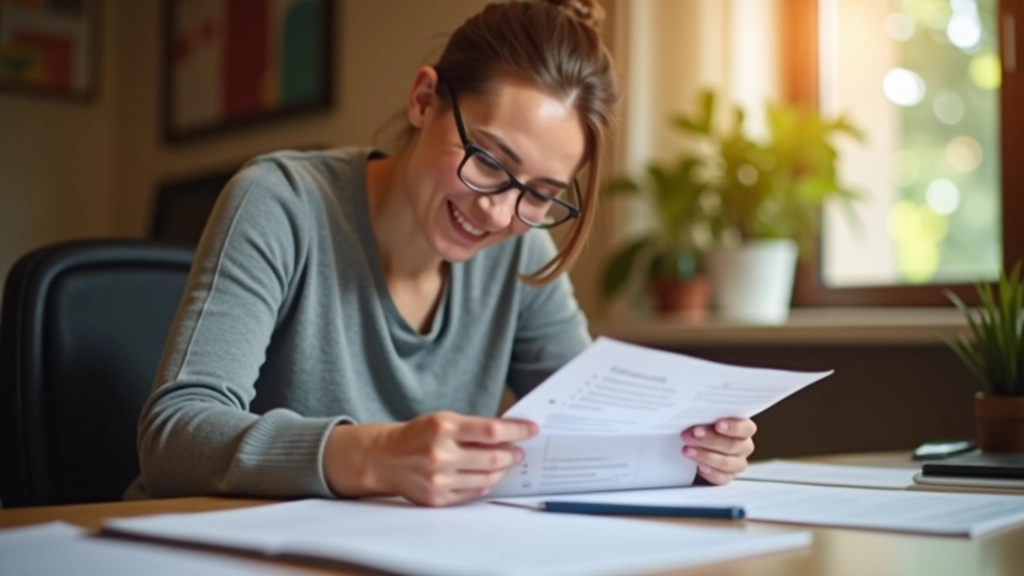 Person reviewing documents with checklist, satisfied expression, desk with organized papers and pen, warm office lighting