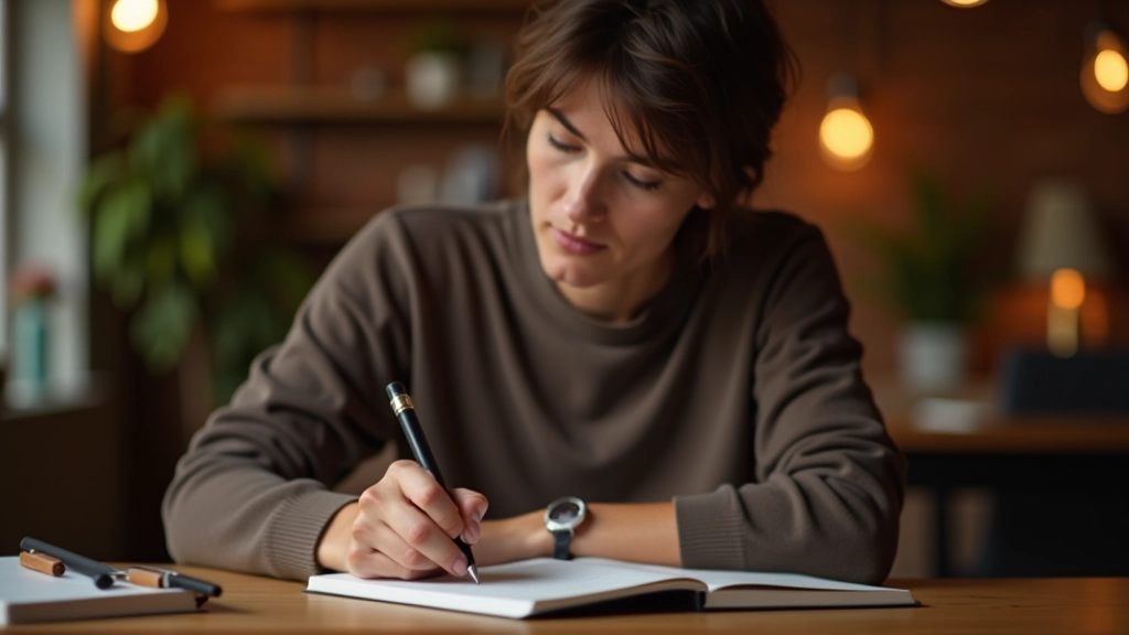 Person writing in journal with thoughtful expression, seated at table with plant nearby, warm indoor lighting