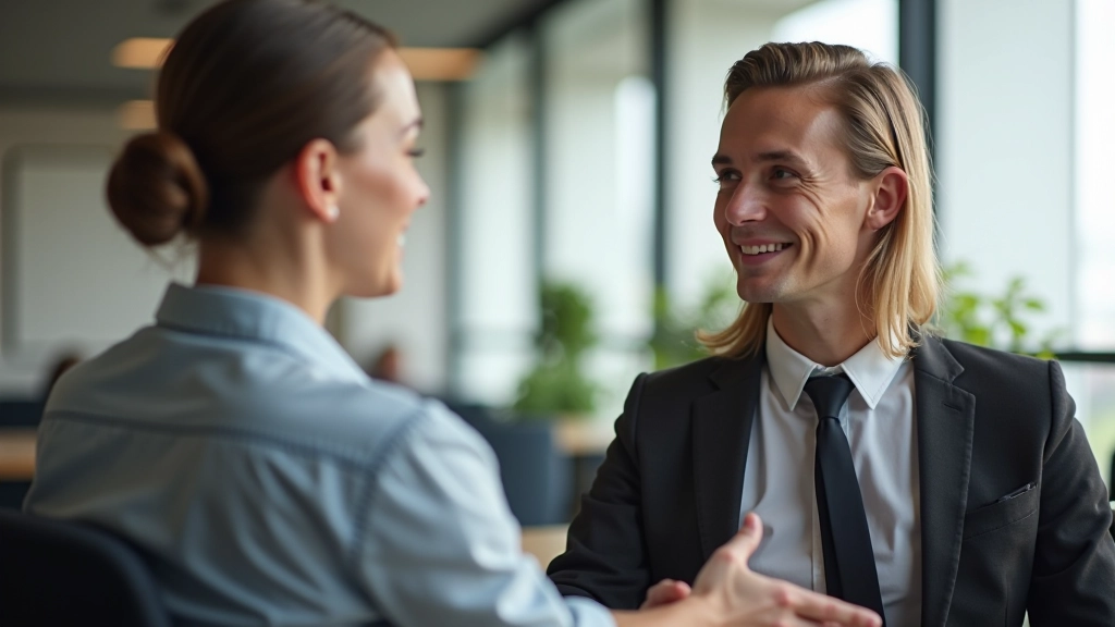 Two colleagues in conversation, one smiling and nodding while other speaks, professional office setting with plants, natural lighting