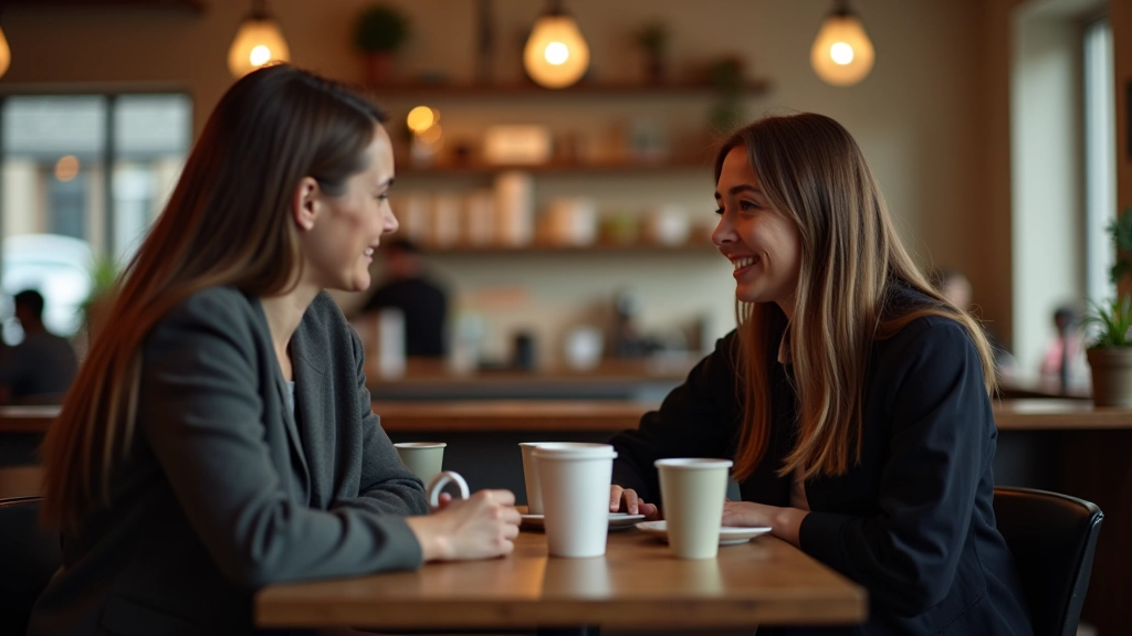 Two people having conversation in bright coffee shop setting, seated across from each other with warm natural light