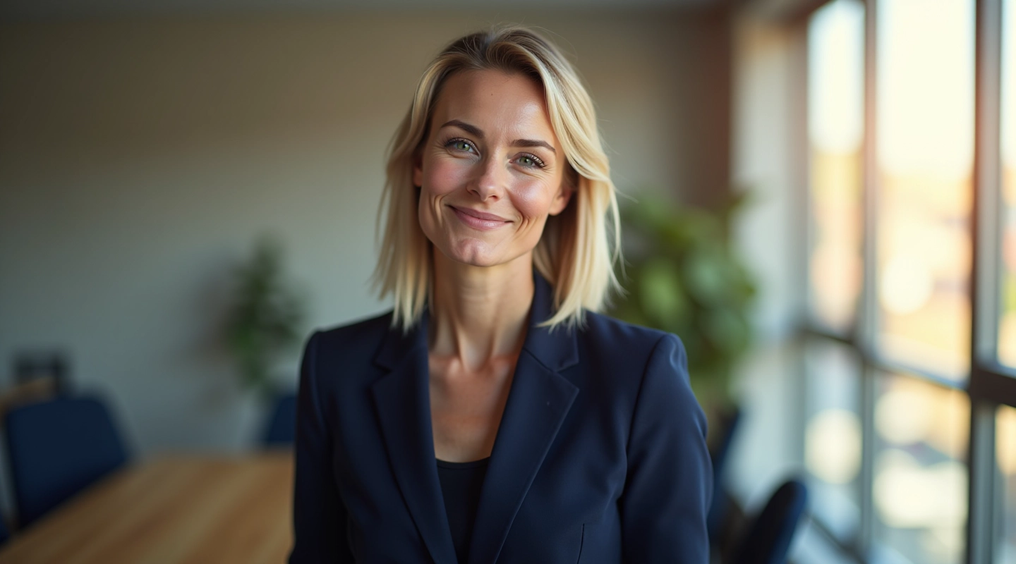 Professional woman at desk with confidence, morning natural light from window, modern office space