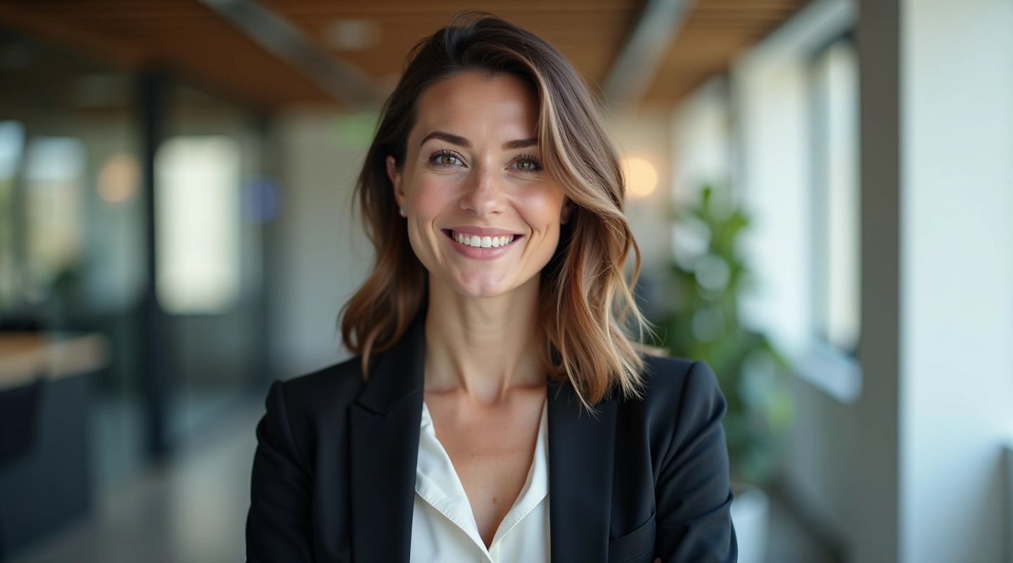 Professional woman in office setting, confident posture, natural daylight, modern workspace