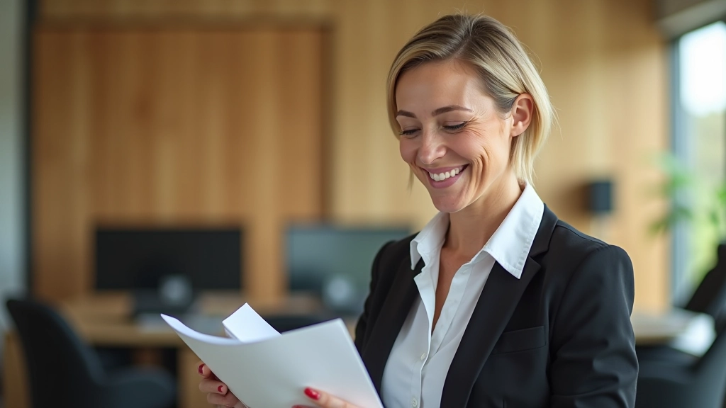 Woman at desk with achievement certificate and trophy, smiling genuinely at camera